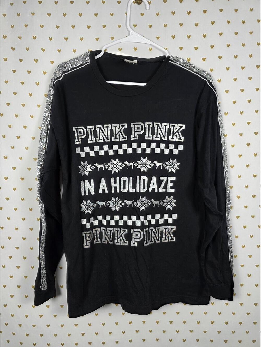 Victorias Secret PINK BLING HTF In a HOLIDAZE Sequined Long Sleeve Tee Shirt L